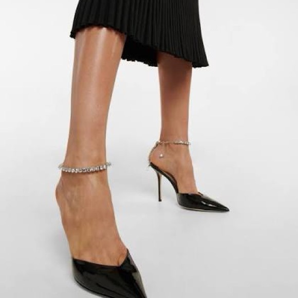 Jimmy Choo SAEDA 100mm EU 37 Black Patent Crystal-Ankle Strap Pointed Toe Pumps - Picture 5 of 6